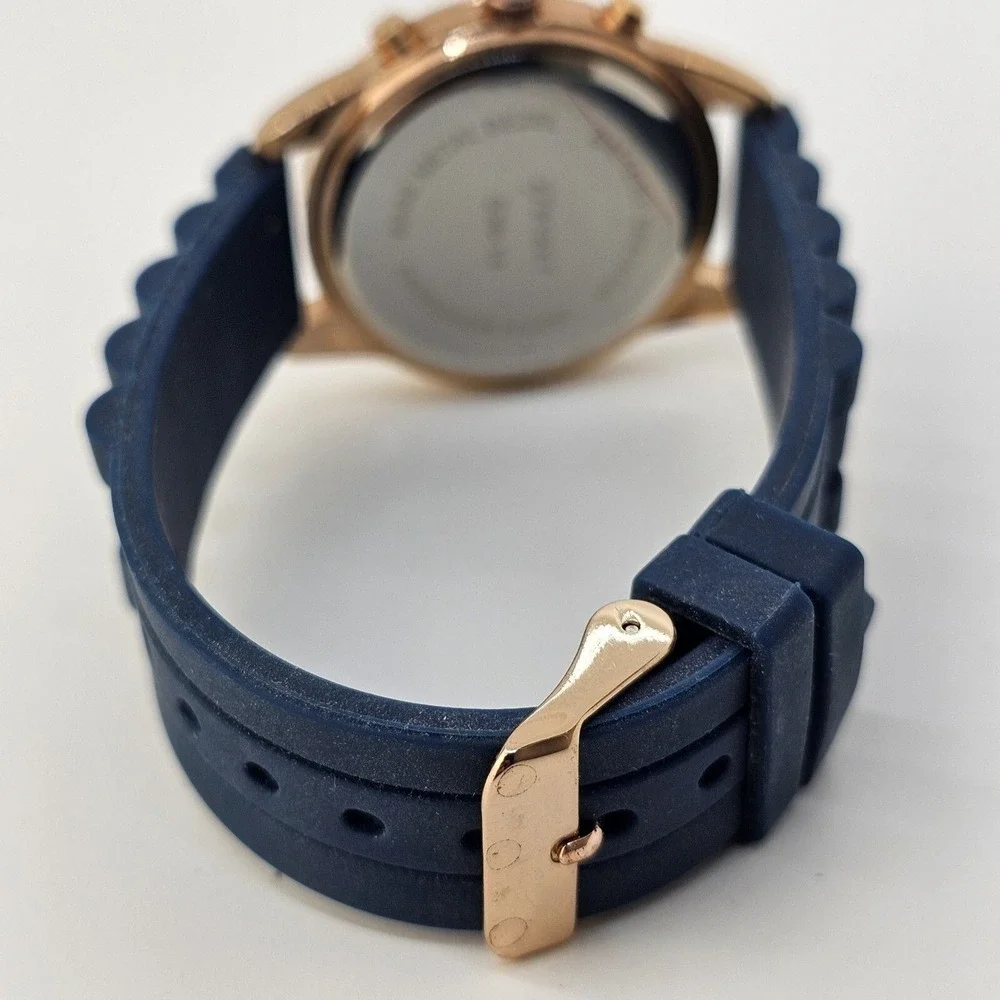 Women's Watch 38MM‎ Rose Gold Dial Crystal Bezel Blue Plastic Bands New Battery